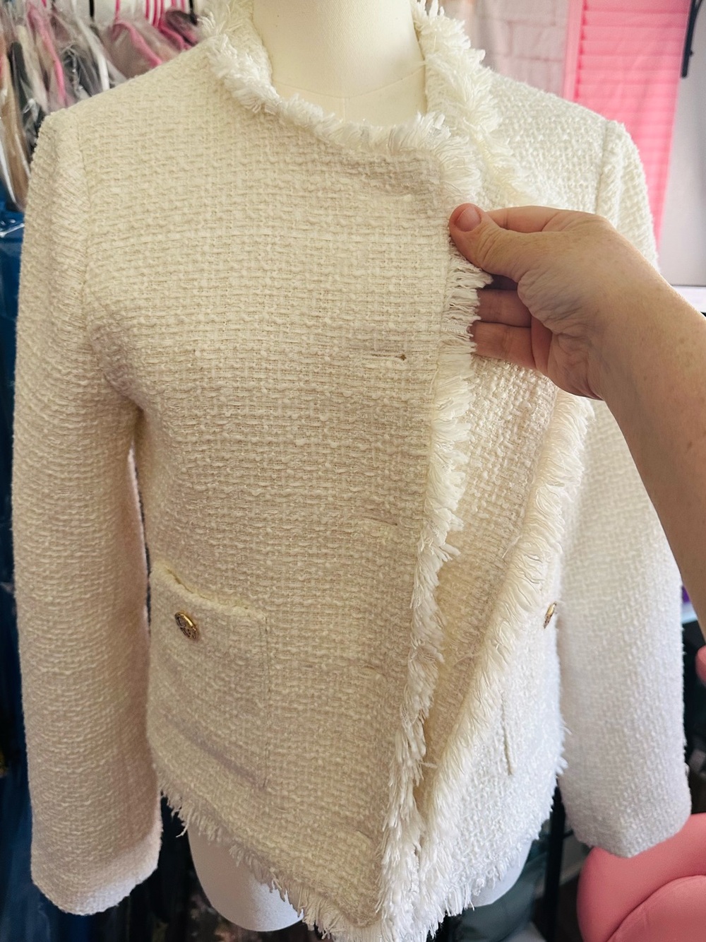 Rachel Zoe Ivory Tweed Fringe Gold Button Blazer - Picture 6 of 12